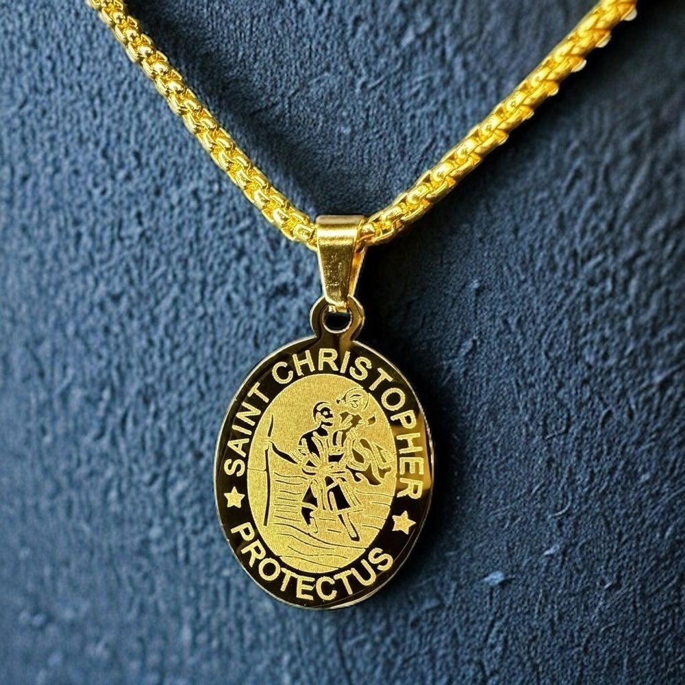 NEW Yellow Gold-Plated Stainless Steel Saint Christopher Protection Necklace